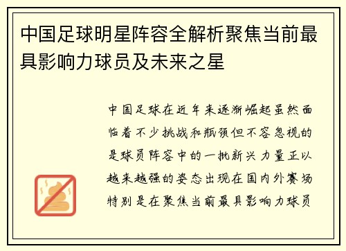 中国足球明星阵容全解析聚焦当前最具影响力球员及未来之星